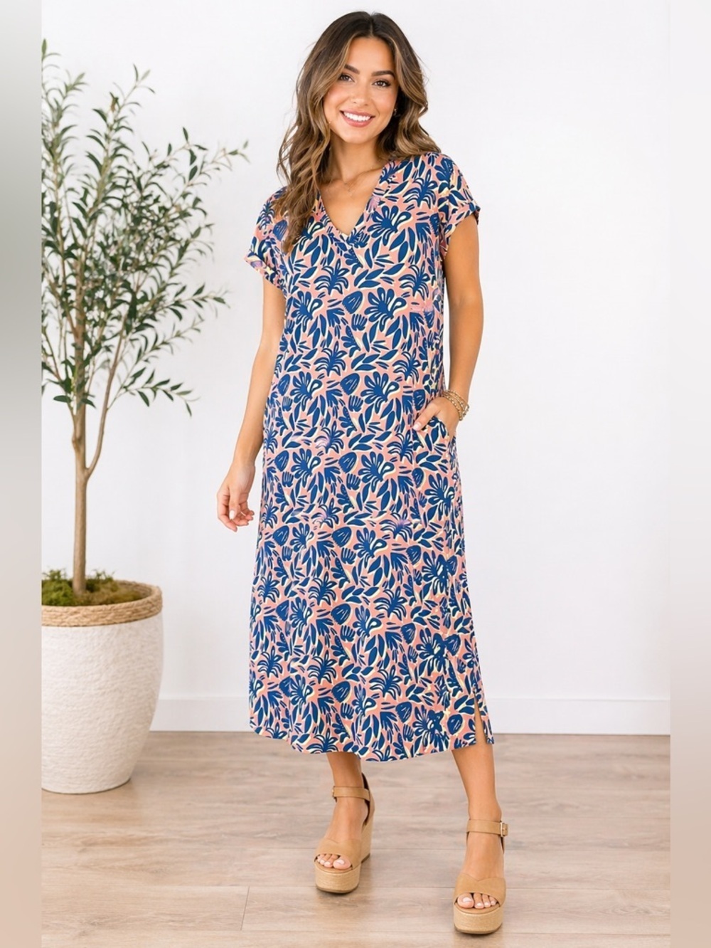 Michelle McDowell Tropical Midi Dress Size M Pink Blue Resort Chic Pocket Slits